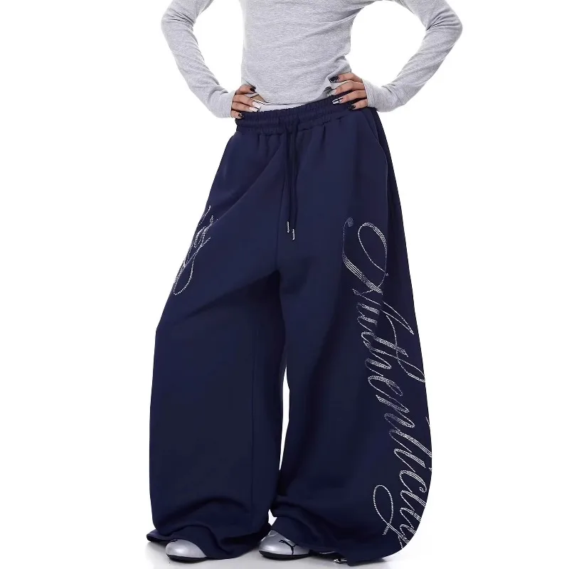 Korean Retro Letter Rhinestone Casual Wide Leg Pants Loose Street Dance Trousers Japanese Fashion Harajuku Streetwear Y2k Pants