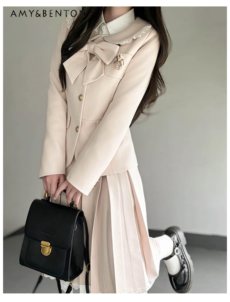 2025 Autumn Winter New Hot Sale Off-White Bow Woolen Lapel Blazer High-Waisted Lace Skirt College Style JK Uniform Set