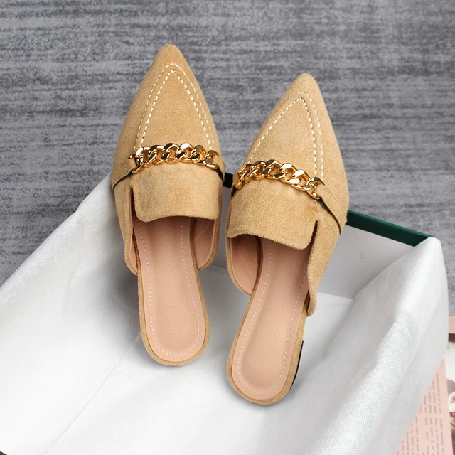 Hot Sale Slippers New Chain Mules Women Slides Pointed Toe Ladies Shoes Summer Fashion Footwear Woman Sandals Female Flip Flops AliExpress
