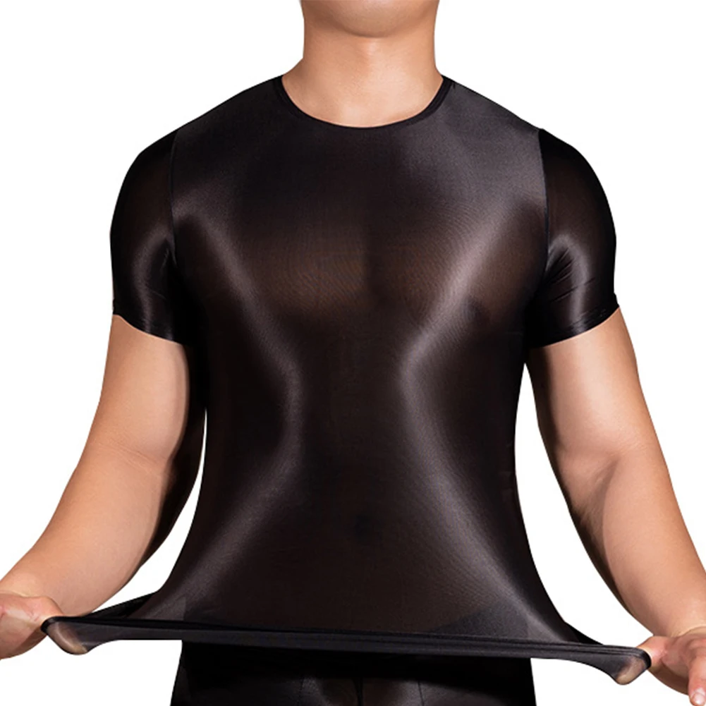 

Men's Shiny Oil T-Shirt See Through Short Sleeve Tops Nightwear Sexy Sheer Clubwear O Neck Tee Party Nightclub Swimwear