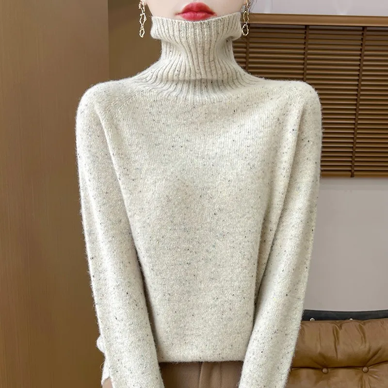 2024 Autumn Winter New Pure Wool Sweater Women's High Neck Colorful Dot Yarn Pullover Long Sleeved High-End Base Knitted Sweater