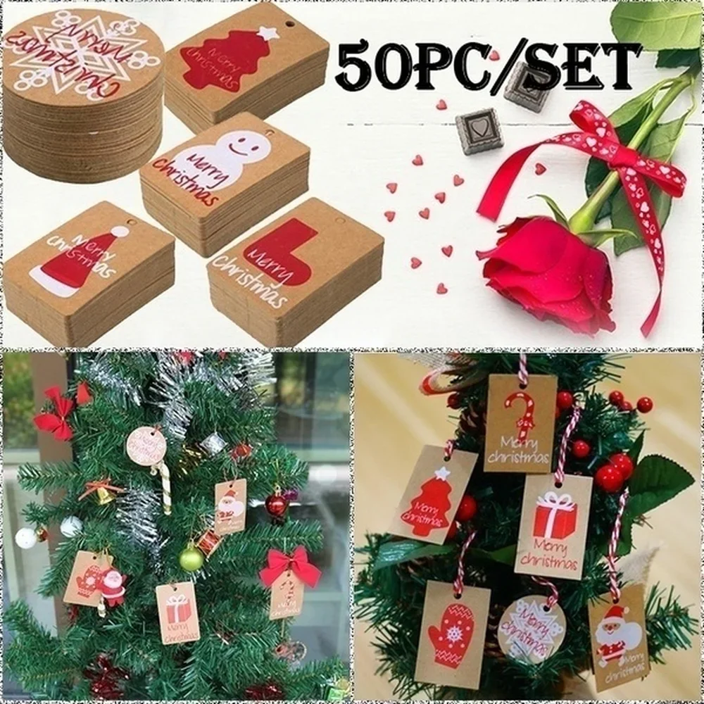 50Pcs/Set Brown Kraft Paper Merry Christmas Paper Mark Tags Christmas Gifts Decoration Party Favors DIY Baking Bags Tag