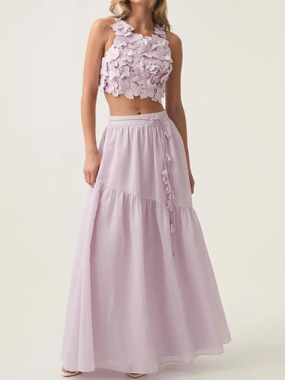 

Лето 2022, женский фиолетовый праздничный комплект, жилет с 3D цветочной аппликацией + длинная юбка трапециевидной формы с высокой талией, элегантный женский костюм