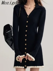 Autumn Winter Long Sleeve French Old Money Knitted Dress Women V-Neck Frock Mini One-Piece Vintage Coquette Elegant Feamle
