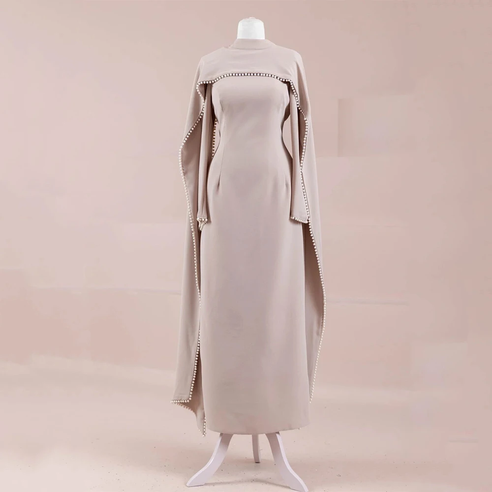 

Maxi Formal Dress Ankle Length O Neck Pearls Cloak Long Sleeves Column Prom Gowns for Women 2025 Back Split Straight Party Dress