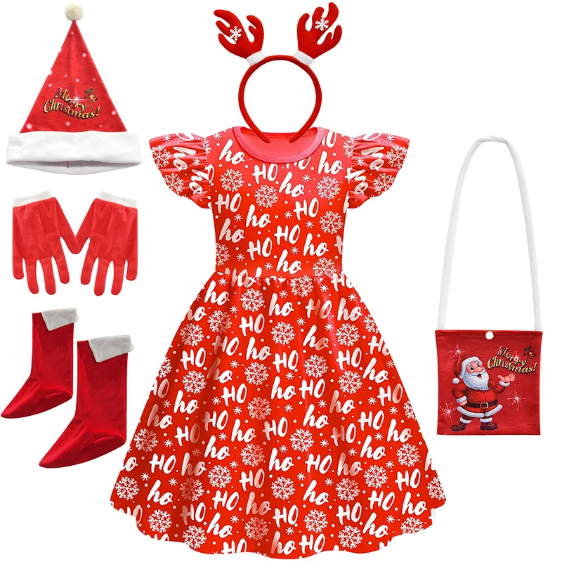 

New Christmas Girls Dress Letter Santa Claus Print Carnival Party Kids Clothes Xmas Masquerade Performance Children's Clothing
