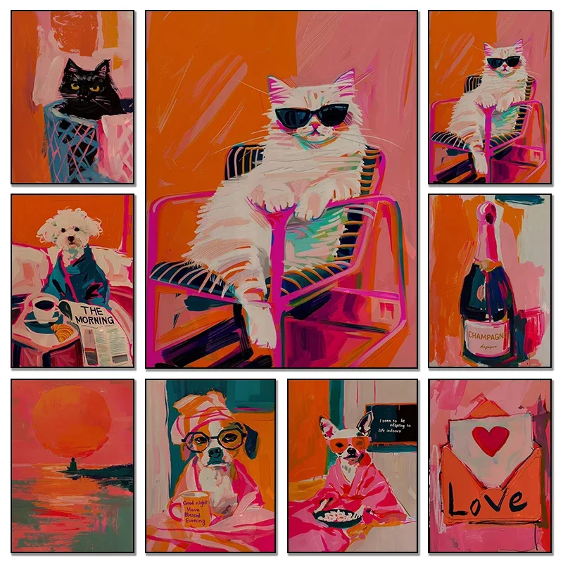 Animal Cat Dog Matisse Print Poster Love Pink Canvas Painting Aesthetic Wall Art for Living Room Home Dopamine Decor Frameles