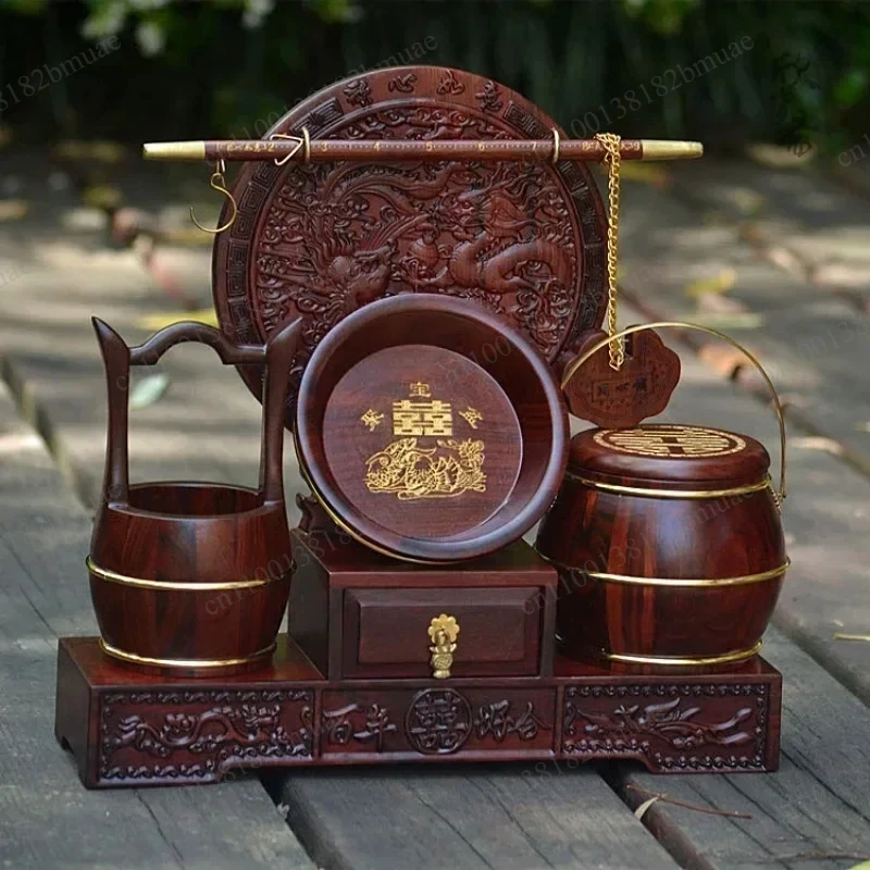Chinese Dowry Hot Sales Red Rosewood Engraving Three-piece Seven-piece Knot Wedding Gift