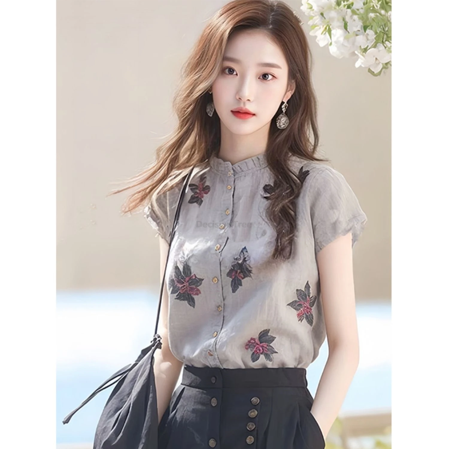 

2025 trendy collar design chinese tang suit top summer new printing blouse vintage temperament graceful versatile daily top