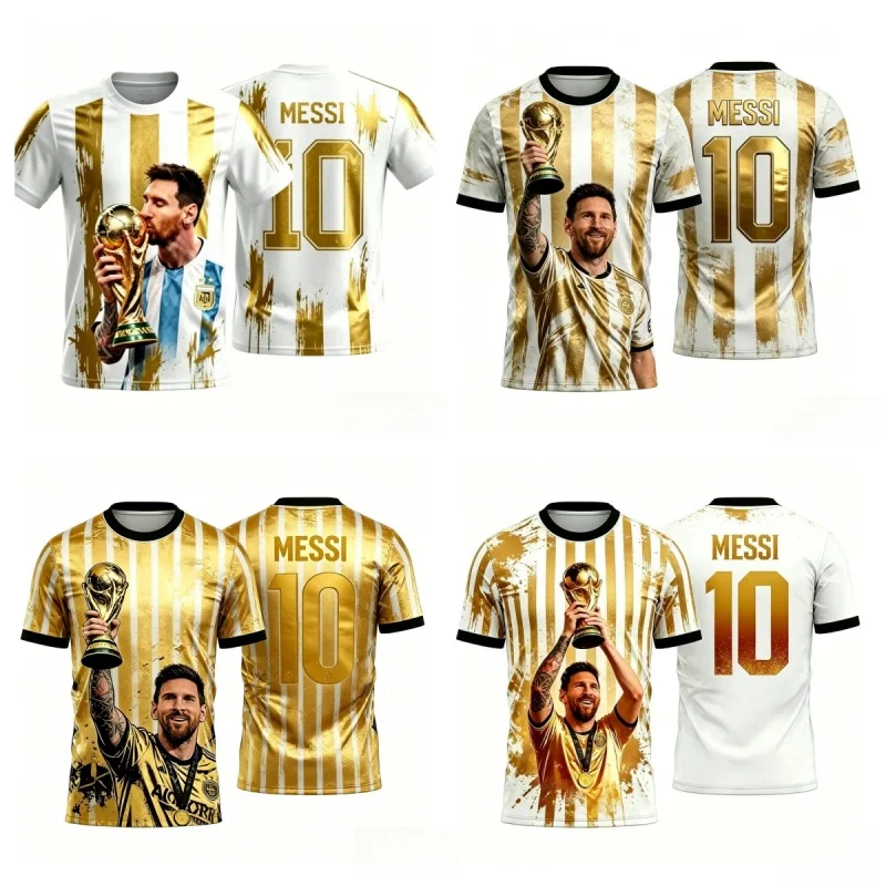 Summer Messi 10 Jersey Y2K Stripe Gold Print Outfit for Sports Street Fashion Daily Casual  Outdoor Wear T-shirt Men Comfortable
