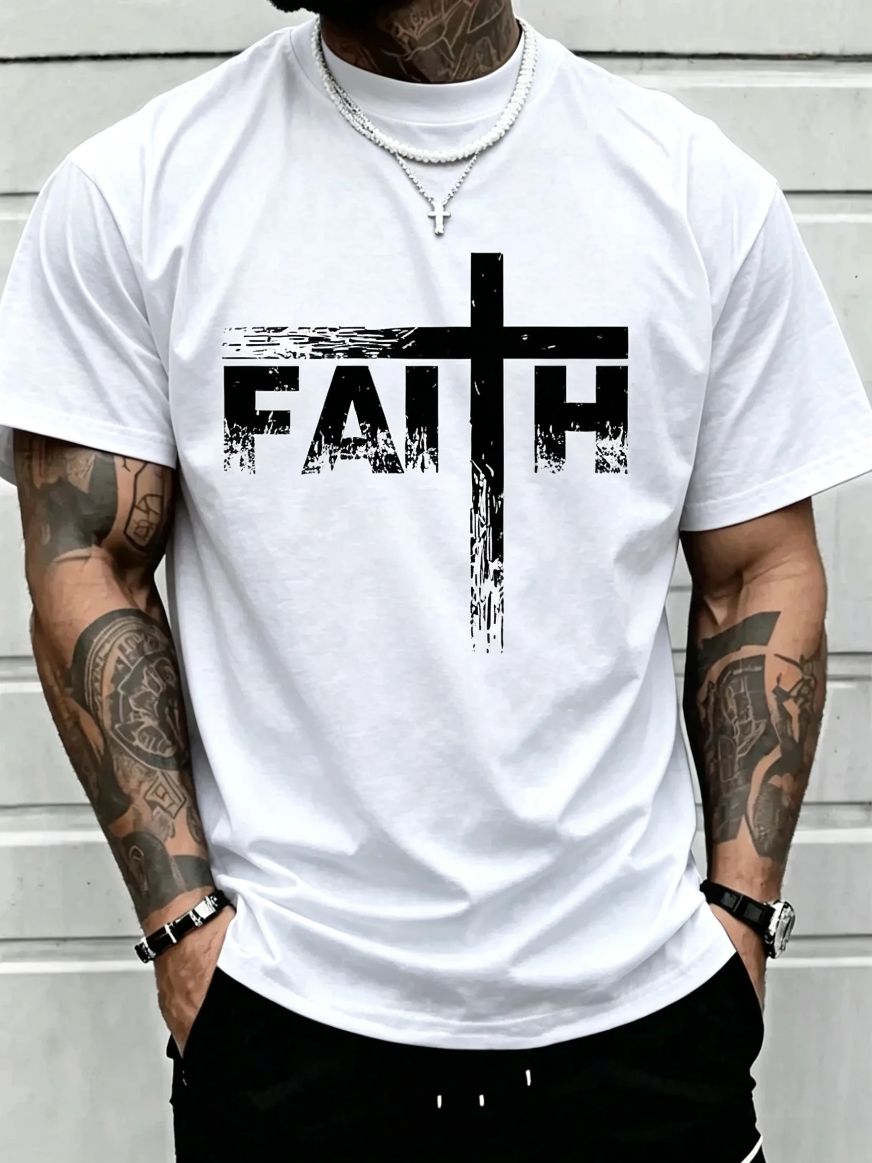 2026 New Faith Sportwear Family Matching Unisex Oversized T Shirt Faith Cross Distressed Text Print Streetwear Tee
