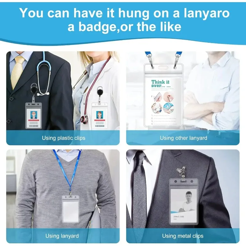 10pcs Transparent Thick PVC Name Badge Holder Heavy Duty Waterproof Vertical Sleeve Resealable Pocket