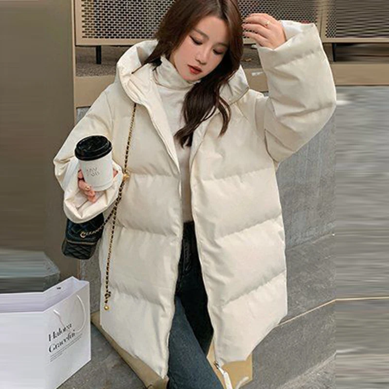 

Solid Color Thicken Warm Hooded Down Cotton Jacket 2023 Fashion Casual Down Cotton Jacket Women Loose Office Lady Straight Coat