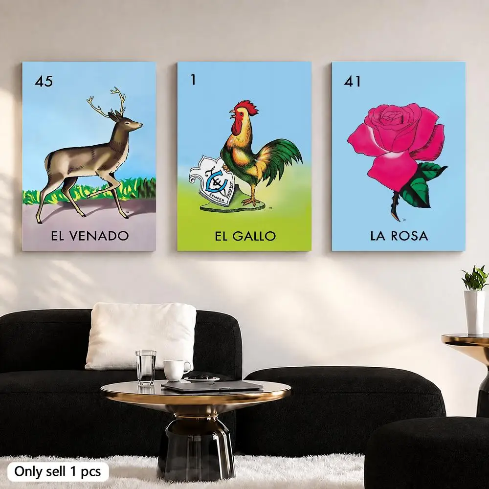 Mexican B-Bingo Lottery Framed Wall Painting Canvas Art Poster Solid Wood Frame for Room Living Home Decor