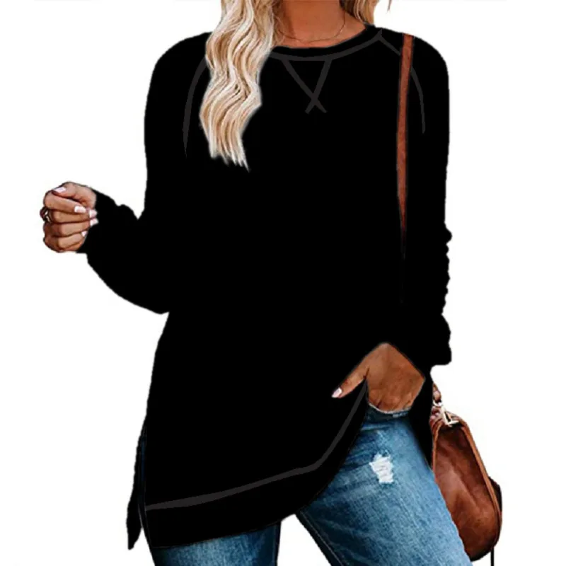 Women Sweatshirts Solid Color Sweatshirt Round Neck Long Sleeves Hoodies with Slit Top Autumn Winter 2024 New Casual Loose Tops