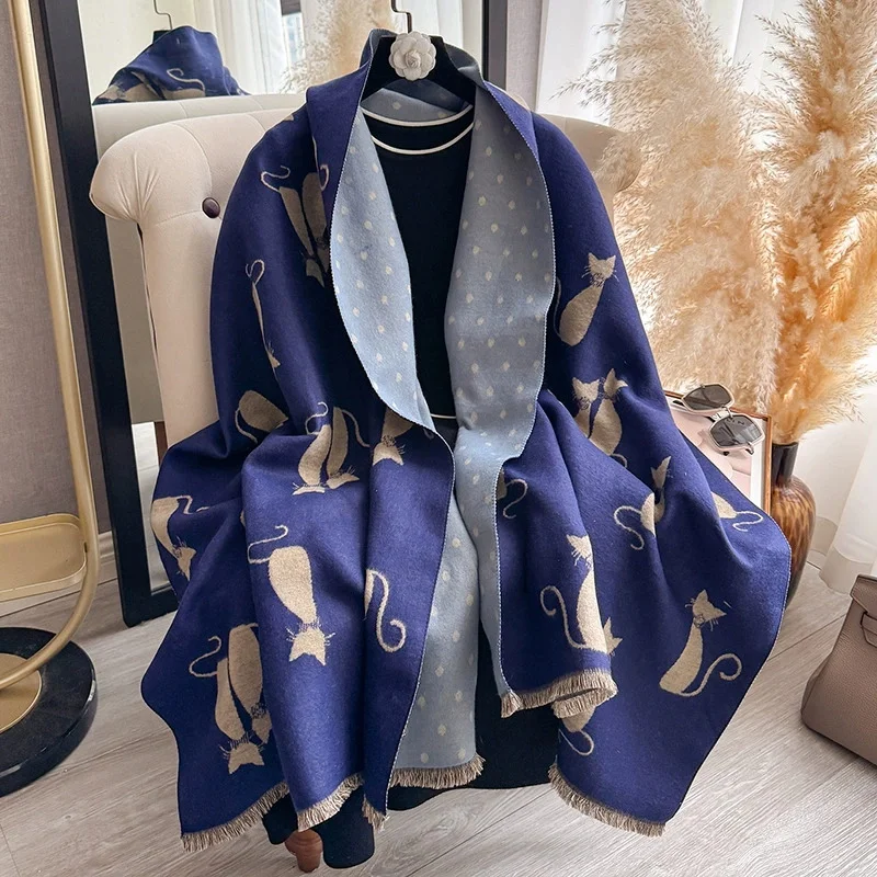 

Women's Autumn Cat Pattern Winter Faux Cashmere Shawl Warm Jacquard Scarf Versatile Blanket Use Neck Protection New Style