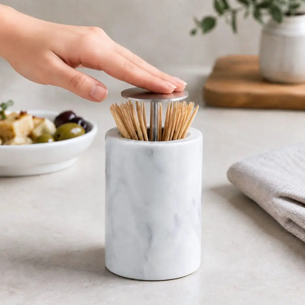 Stylish Marble Pattern Toothpick Dispenser Automatic Pop Up Storage Case Elegant Desktop Accessory For Kitchen Tabletop
