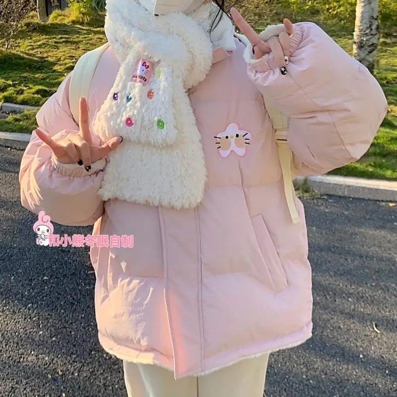 Sanrios Hello Kittys Padded Jacket Women Double-Sided Cotton Coat Kawaii Student Embroidery Plus Velvet Tops Girl Christmas Gift