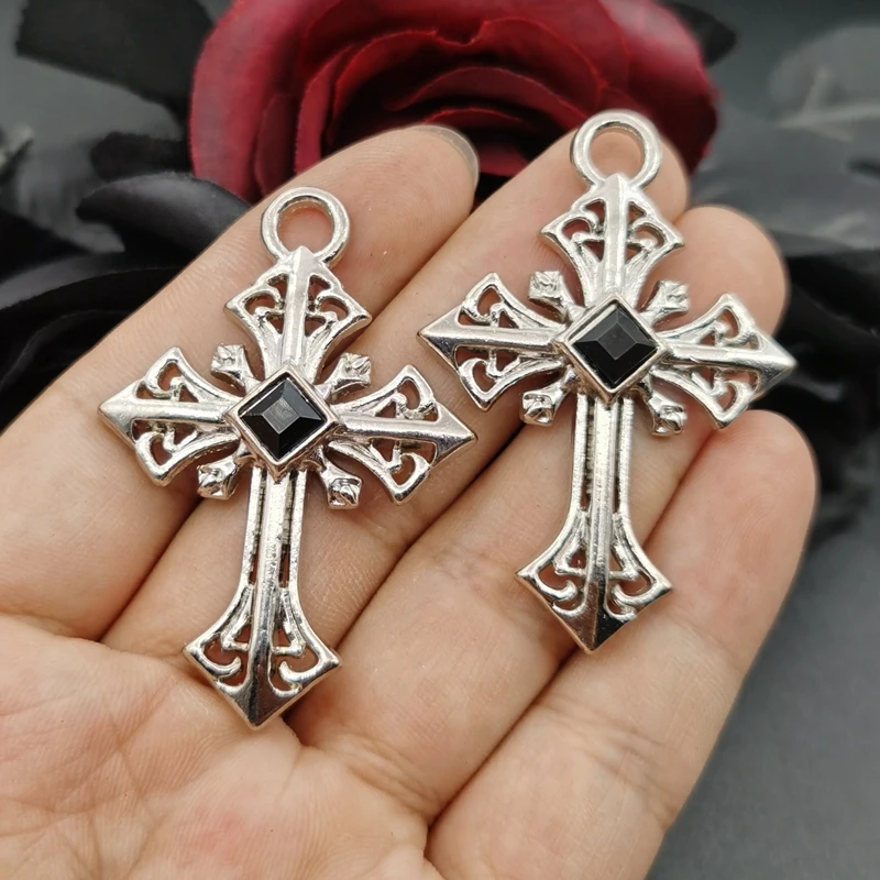 2Pcs Alloy Cross Black Crystal Charms Gothic Geometry Pendant Fit Necklace Earrings DIY Jewelry Designer Making Accessories