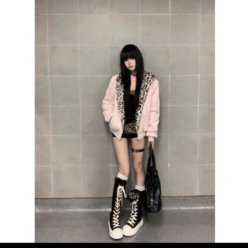 American Vintage Long Sleeve Leopard Parkas + Cat Ears Solid Color Streetwear Y2k Retro Coat Embroidery Zipper Spring Autumn