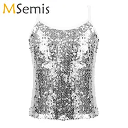 Camisola de lentejuelas brillantes para niños y niñas, camiseta sin mangas para Jazz, competición de baile moderno, chaleco con tirantes finos, Top Punk Hip Hop
