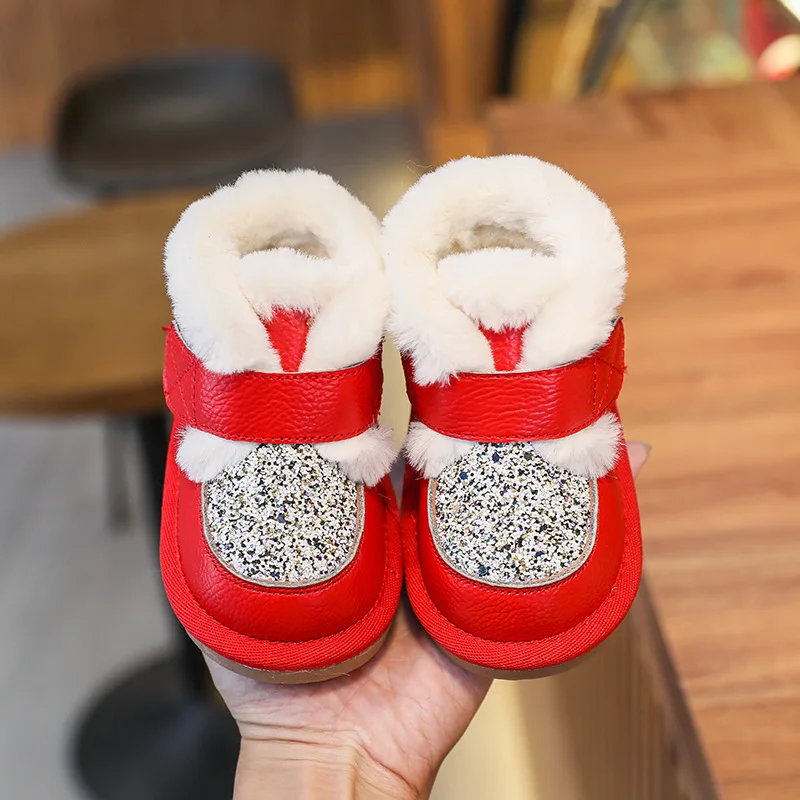 

Winter Warm Plush Baby Boys Shoes Soft Genuine Leather Girls Snow Boots Fashion Sequin Real Leather Infant Prewalker