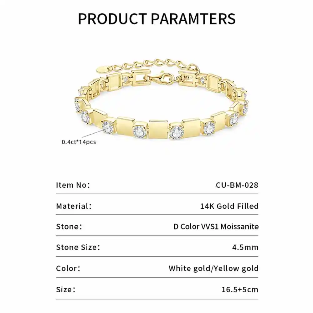 Lnngy 4.5mm Round Moissanite Tennis Bracelet For Women 14K Gold Filled Block-link Chain Bracelets 2026 Trend Jewelry