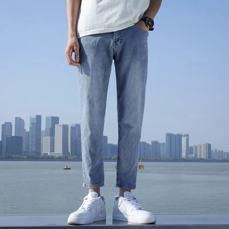 2024 New Men\'s Stretch Ankle Length Jeans Light blue Fashion Casual Cotton Slim Fit Denim Pants Korean Trousers Male Brand Cloth