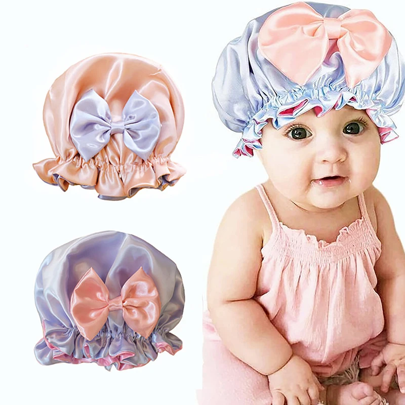 Double Layer Big Bow Knot Sleep Night Cap Satin Hair Protect Hat Baby Girls Night Turban Children Solid Head Wrap Sleep Bonnet