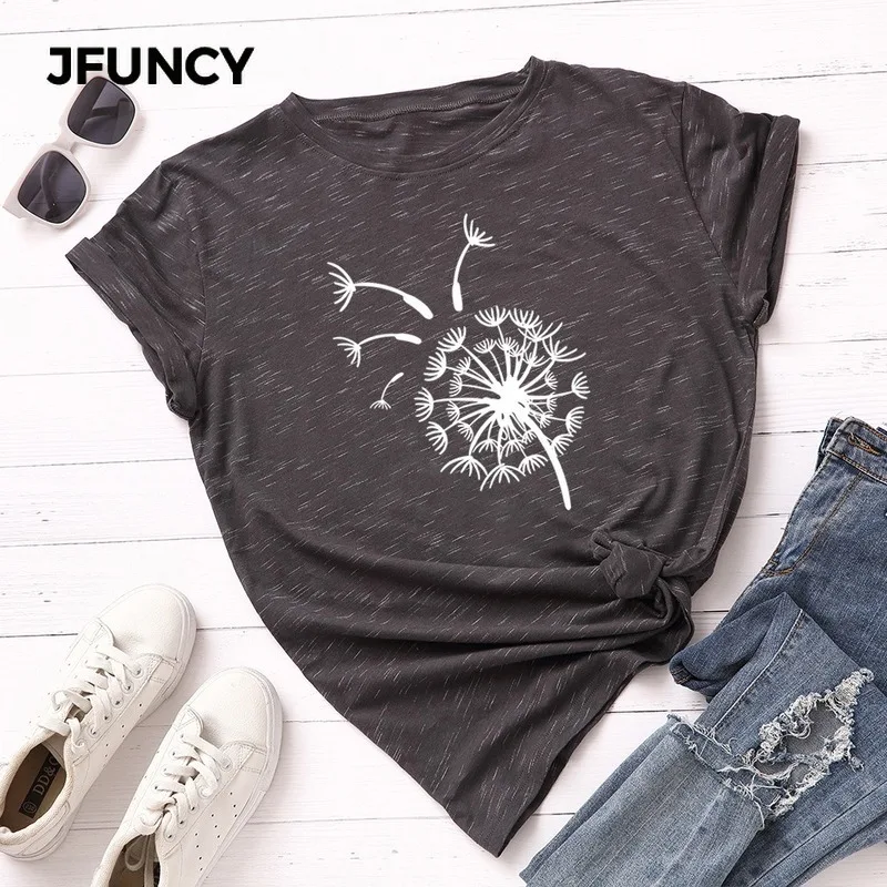 

JFUNCY Women Summer T-Shirt 100% Cotton Short Sleeve Female T Shirt Flying Dandelion Printed Woman Tees Lady Tops