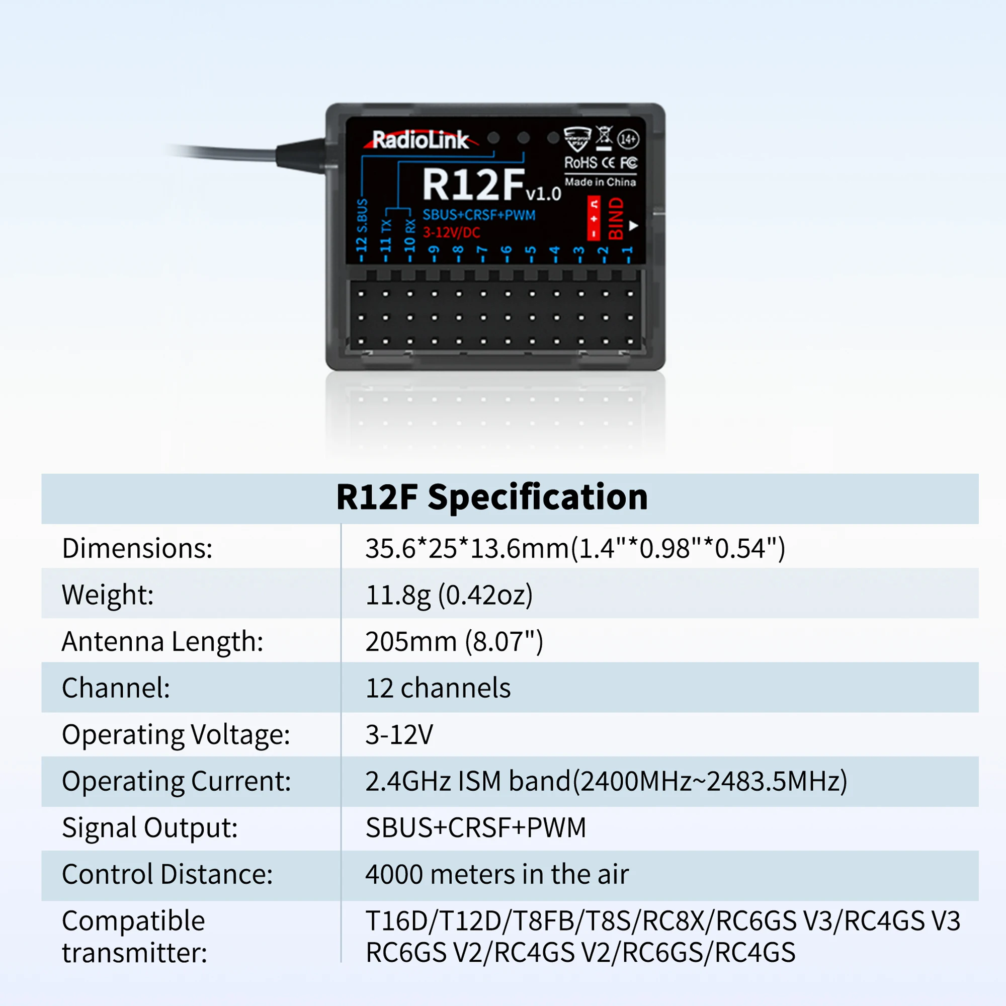 Radiolink R12F 12 チャンネル RC レシーバー内蔵シミュレータプログラム RC 飛行機、ジェット、車、ボート用 2.4Gh ラジオリモコン用