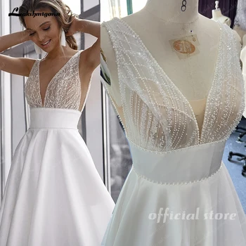 Lakshmigown Glitter Pullarda Seksi V Yaka Gelinlik Saten Retro Backless İnciler Fermuar Artı Boyutu Özelleştirilmiş Yumuşak Gelin Kıyafeti