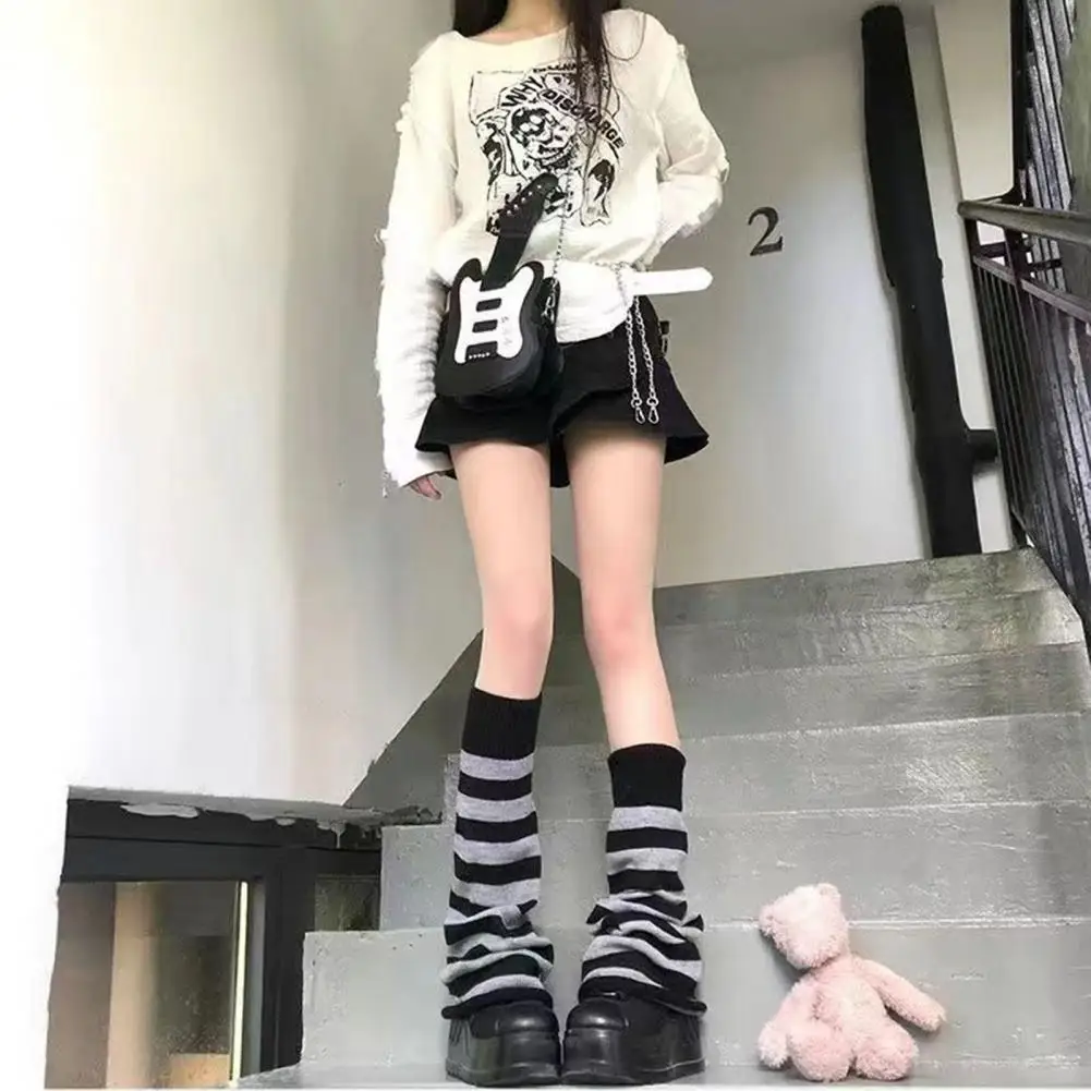 2026 Women 2000s Retro Style Japanese Flared Leg Warmers Elastic Cuffs Striped Loose Long Knit Student Daily Outfit Accessory