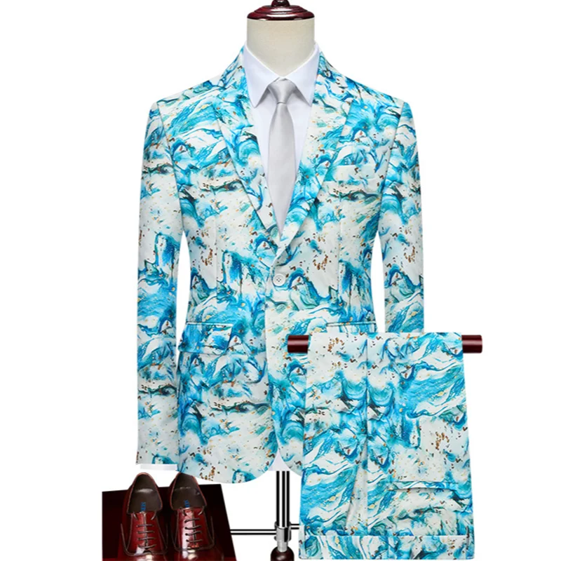(Blazer+Pants) Men Suit 2 Pieces Fashion Printed One Button Business Casual Wedding Suits Slim Fit Stage Costume Top Singer Suit