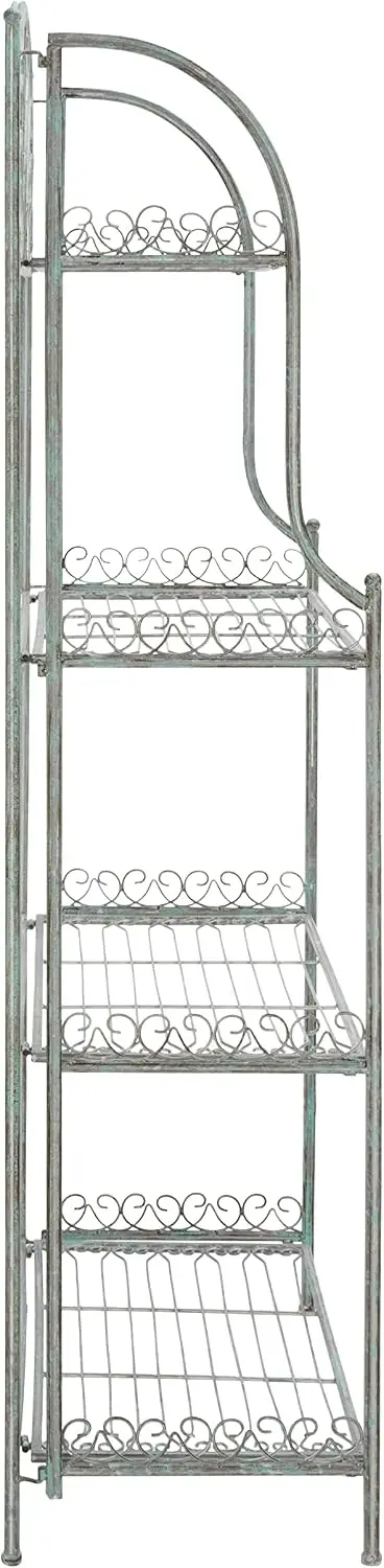Four Tier Metal Bakers Rack Plant Stand, Vintage Victorian Scrollwork Display Shelf, Weather Resistant Iron Organizer Basket, Multi Purpose Corner Storage Shelving For Patio Deck Porch Sunroom, Dark Green