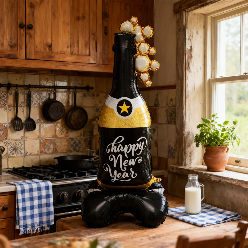 1 قطعة قاعدة حامل سنة جديدة سعيدة موضوع هدية صندوق زجاجة شمبانيا شكل احباط بالونات 2026 زينة السنة الجديدة نافيداد ديكور