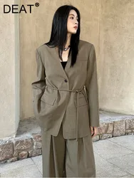 DEAT-Veste à lacets pour femme, col en V, bouton unique, manches longues, fente arrière simple, trempée, mode printemps, nouveau, 2024, 7AB507H