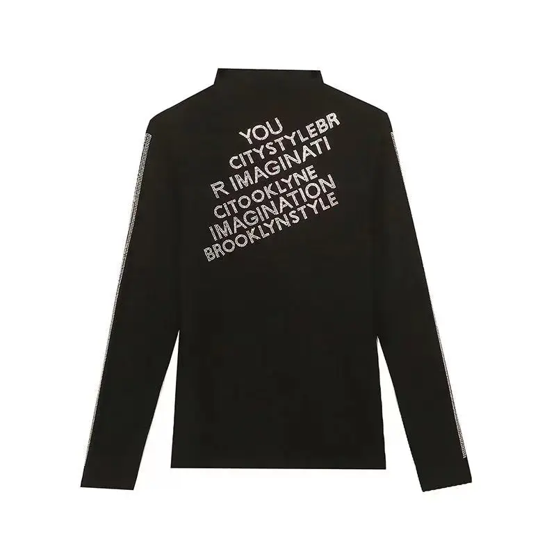 Fashion Turtleneck All-match Diamonds Letter T-Shirt Female Clothing Autumn Winter New Casual Pullovers Commuter Tee Shirt