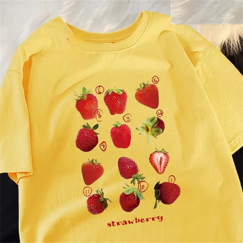 Summer Loose Short Sleeve T Shirt Fresh Realistic Strawberry Print Round Neck Oversized Top Daily Vacation Soft Breathable Tee