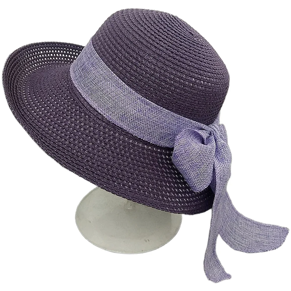 Korean Fashion Straw Hat for Women - Wide Brim Foldable Beach Sun Hat with Bowknot Detail Lavender to Navy Options