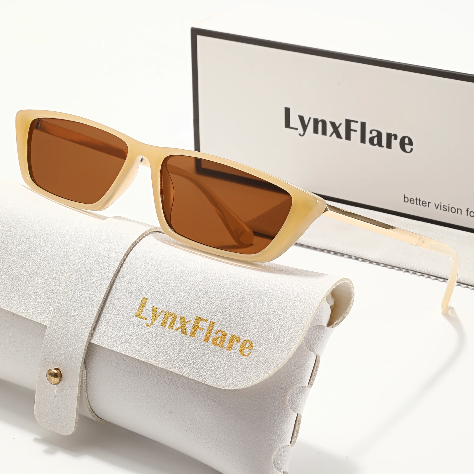 Gafas de Sol Estilo Ojo de Gato Y2K para Mujer, Montura Rectangular Delgada Color Amarillo Crema, Lentes Tintadas Marrones, Protección UV400, Antideslumbrantes, Estilo Retro y Moderno