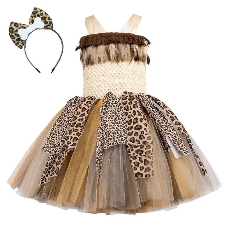 

Girls Leopard Indian Indigenous Costume Savage Primitive Caveman Tutu Dress for Kids Halloween Carnival Jungle Party Clothes