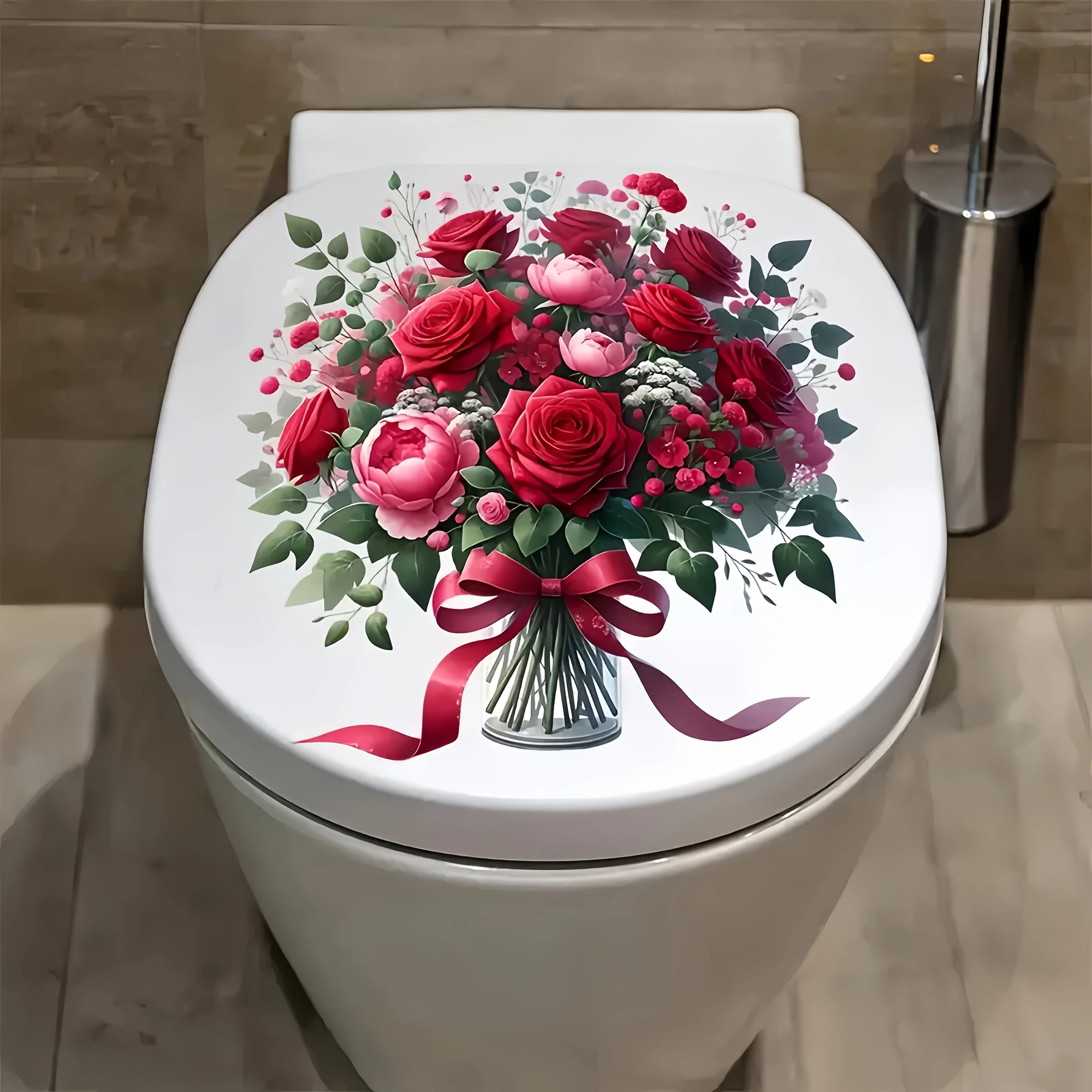 1 beautiful red rose bouquet vase toilet cover sticker, waterproof and oil resistant, suitable for bathroom door wall stickers,