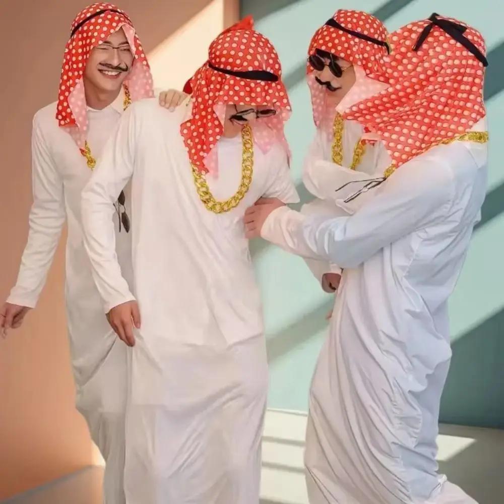 Túnica Blanca, Disfraz Árabe, Pañuelo Rojo para la Cabeza, Traje de Sheik Árabe, Collar de Oro Falso de Oriente Medio, Disfraces de Halloween