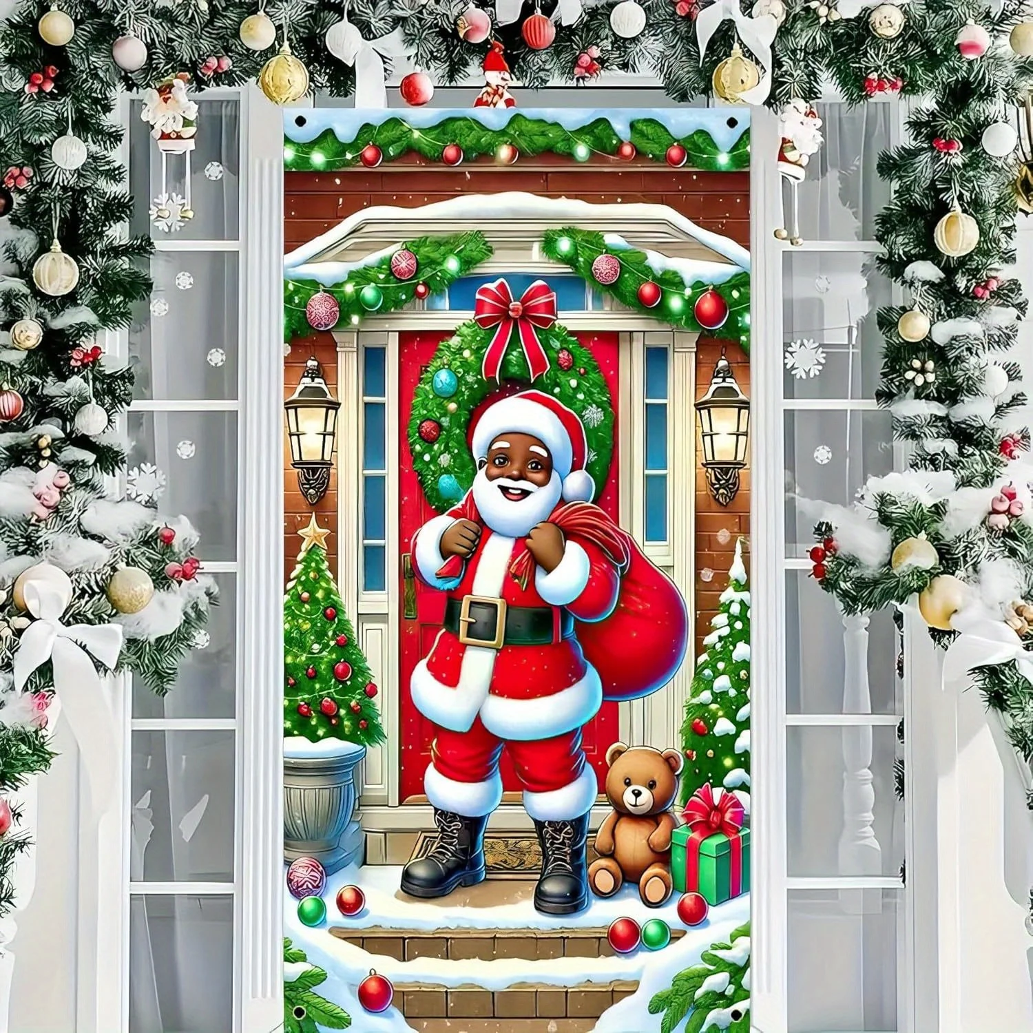 Santa Claus Door Banner - Christmas Cover, Santa Claus & Cute Bear, Indoor & Outdoor Decorations Polyester material