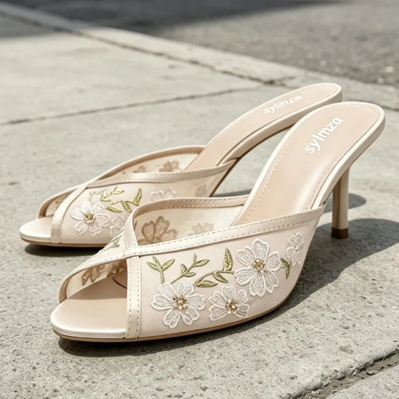 

Elegant Mesh Embroidered Details Heeled Slippers Women Summer Sexy Peep Toe Stiletto Heel Sandals Stylish Party Dress High Heels
