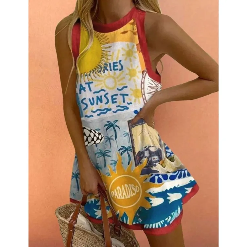 Mode imprimé Mini robes pour femmes 2025 été décontracté sans manches col rond plage vacances robe d'été fête femme robes courtes