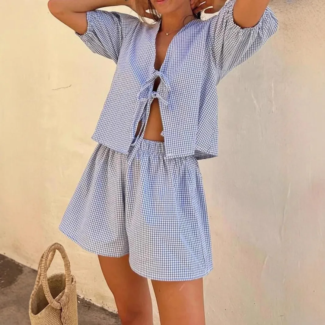 

Women's Plaid Striped Elastic Cuffs Casual Fashion Drawstring Elastic Waist Shorts Set Summer Striped Print Two-piece Set