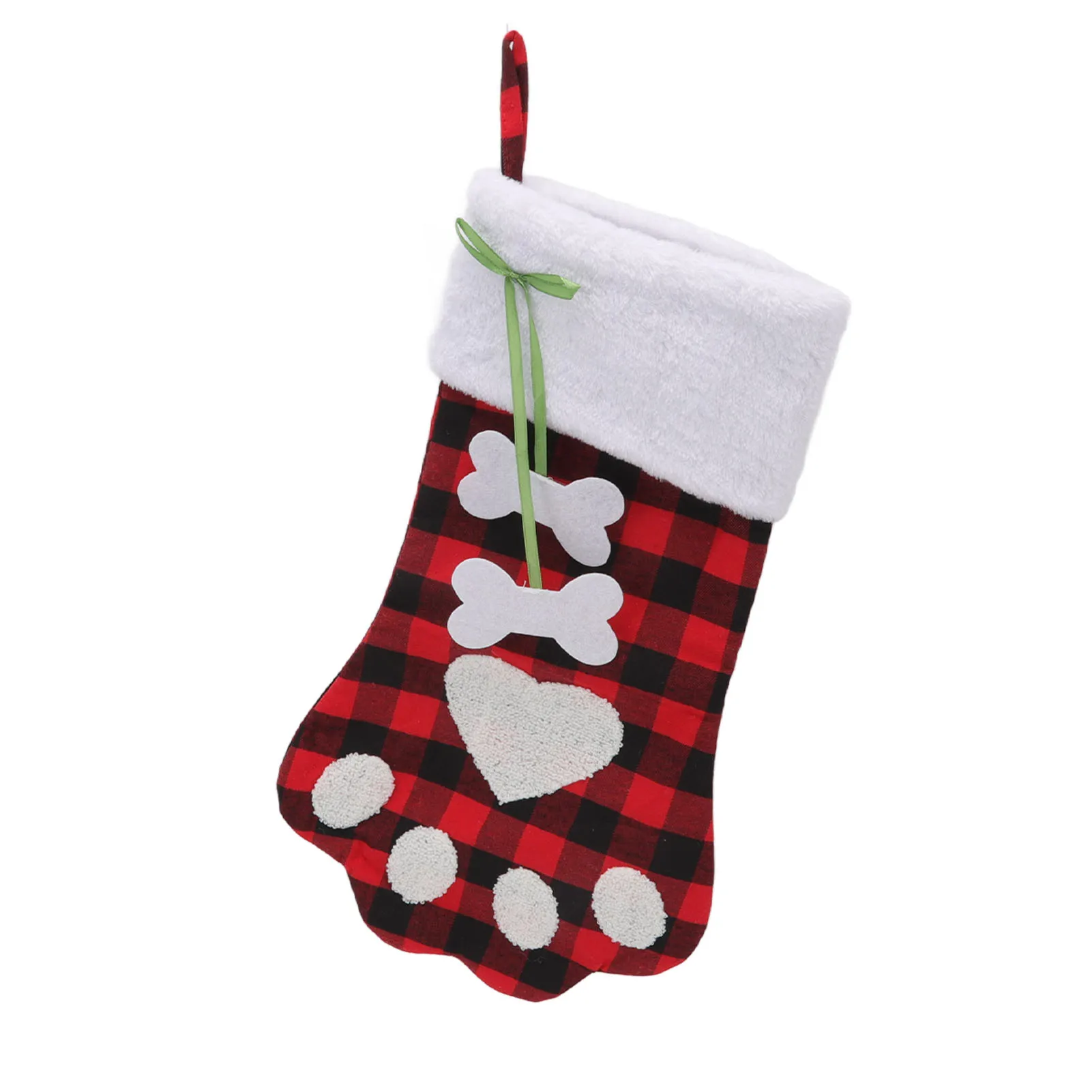 Christmas Stocking Dog Paw Shape Plaid Decorative Gift Bag Christmas Sock For Fireplace Bedside Stair 18.1in