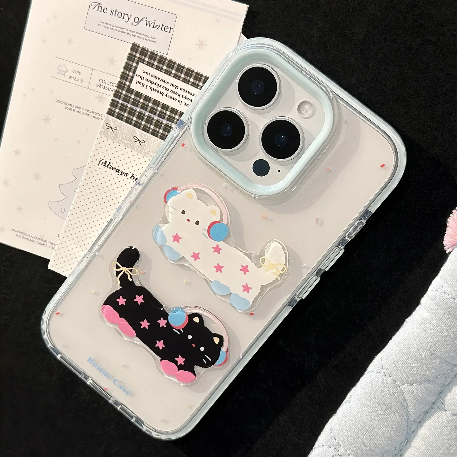 Funda de teléfono de gatito de lunares azules y negros de dibujos animados para IPhone17 16 15 14 12 13 11 Pro ProMax Plus X XR cubierta de teléfono a prueba de golpes
